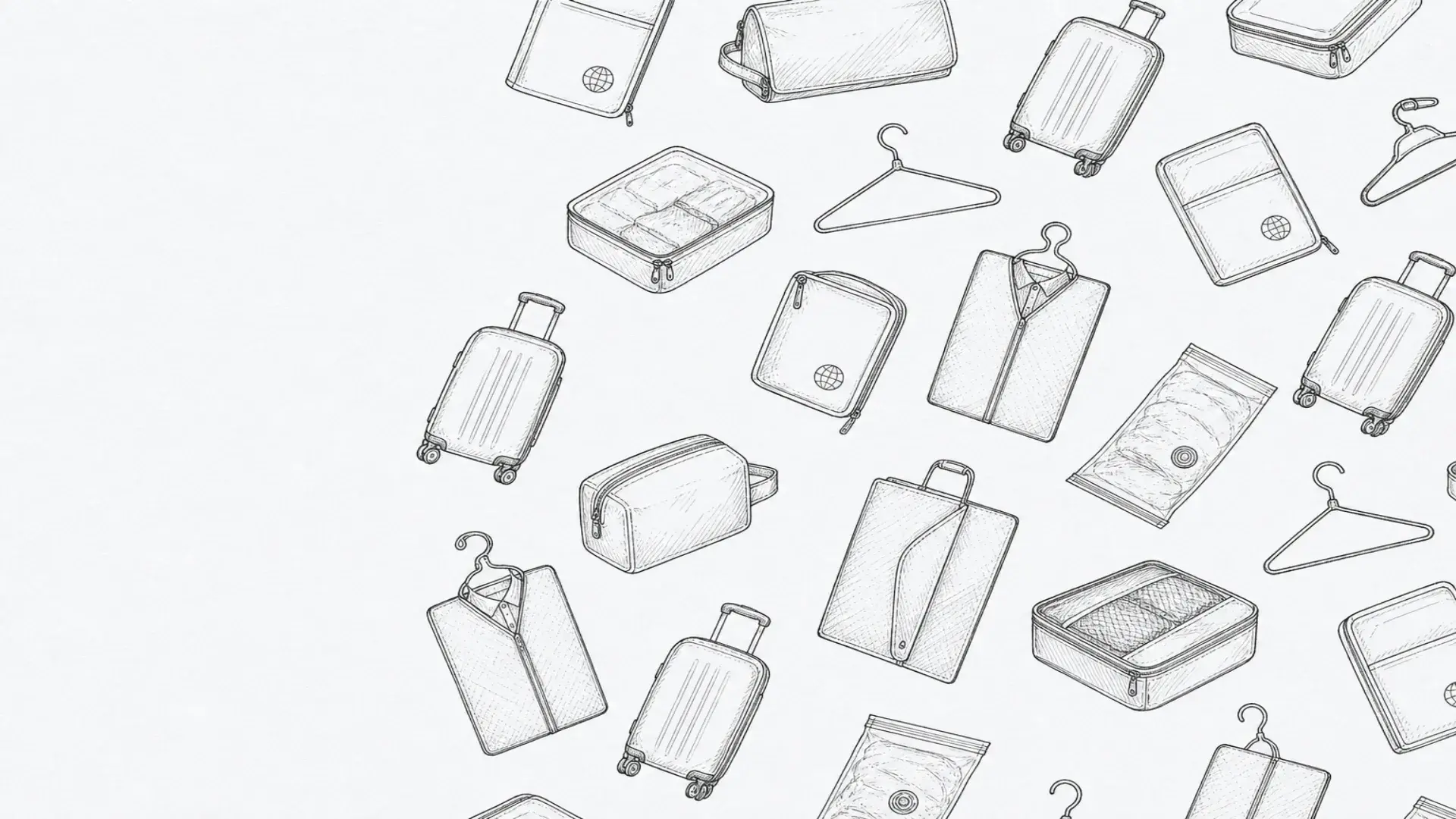 Monochrome pencil sketch pattern of travel packing gear on ice cream paper
